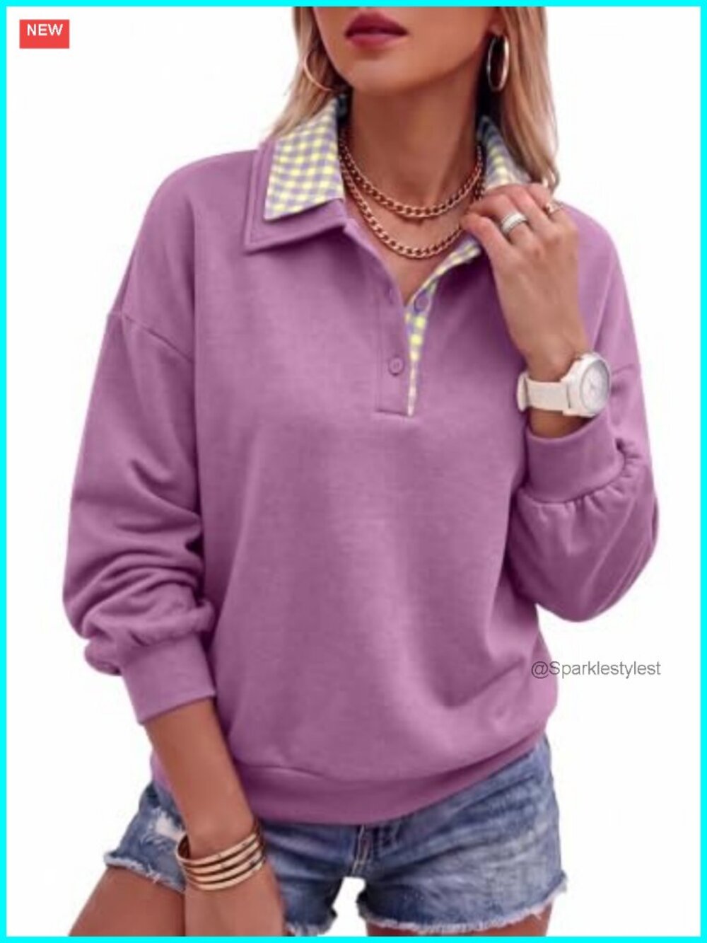 Women's Plaid Pullover Sweatshirt Collared Neck Loose Fit Long Sleeve Casual